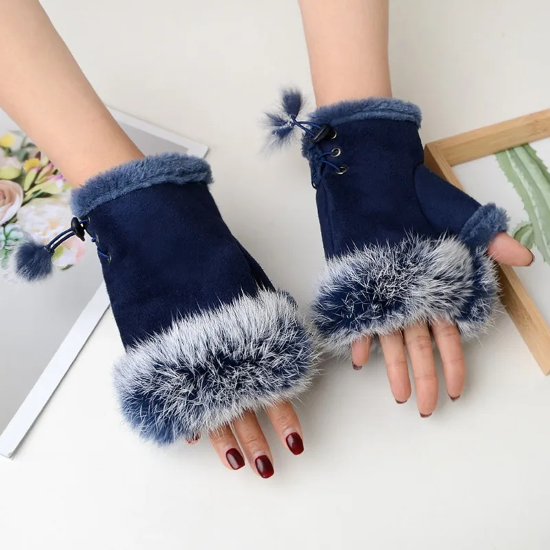 Women's Winter Faux Rabbit Fur Gloves - Fashionable Fingerless Mittens With Faux Leather Wrist Warmers 