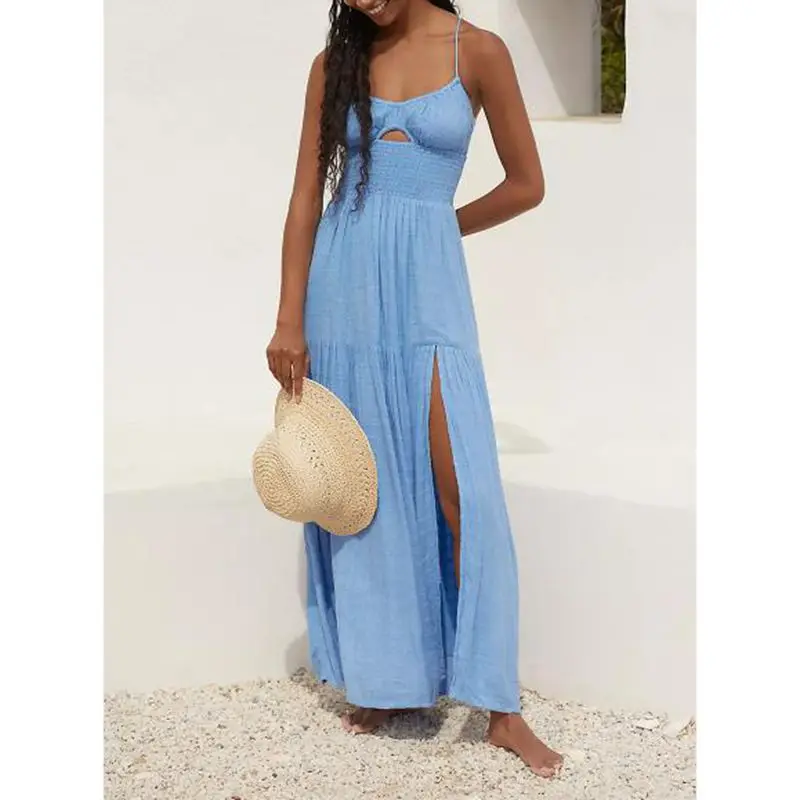 Combhasaki Abito lungo da donna con foro frontale smock sottile cinturino per spaghetti legato senza schienale ritaglio estivo senza maniche con spacco alto Cami A-Line abito lungo