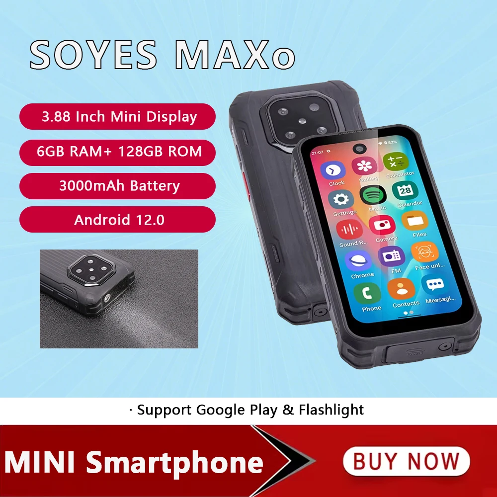 SOYES MAXo هاتف ذكي صغير متين يعمل بنظام أندرويد 12 3.88 بوصة 6 جيجابايت + 128 جيجابايت بطاقات مزدوجة 4G هواتف محمولة صغيرة 3000 مللي أمبير في الساعة مصباح يدوي للهاتف المحمول #1