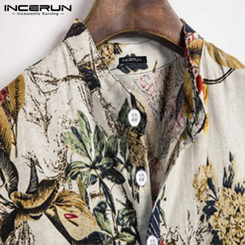 INCERUN Men Hawaiian Shirt Printing Short Sleeve Stand Collar 2023 Casual Vacation Men Clothing Streetwear Cotton Shirts S-3XL