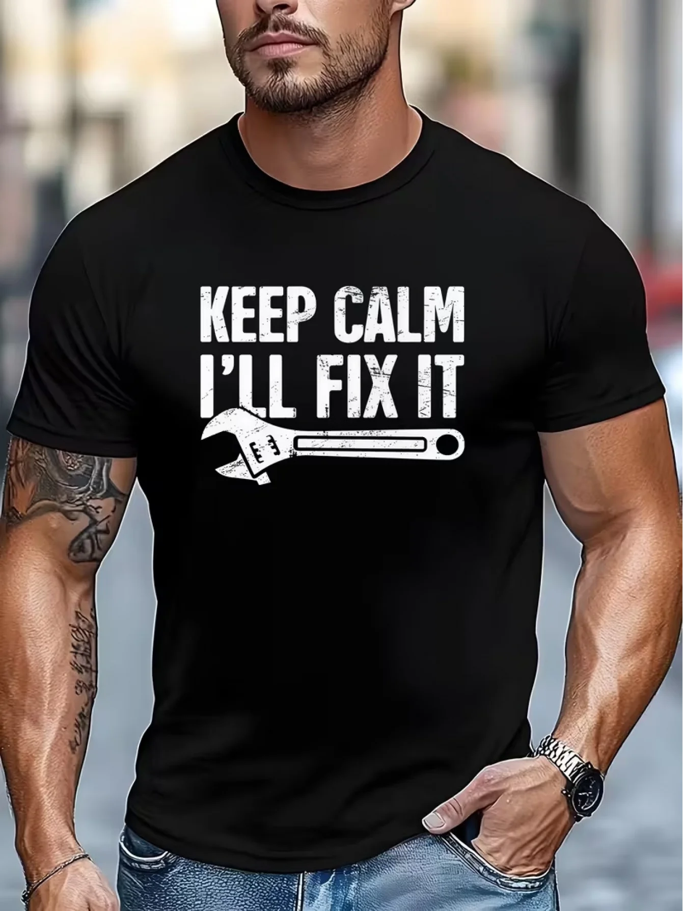 American Retro Style Keep Calm I'Ll Fix It Wrench Slogan Printed Short-Sleeved Men's Summer Versatile Workwear Round Neck T-Shirt