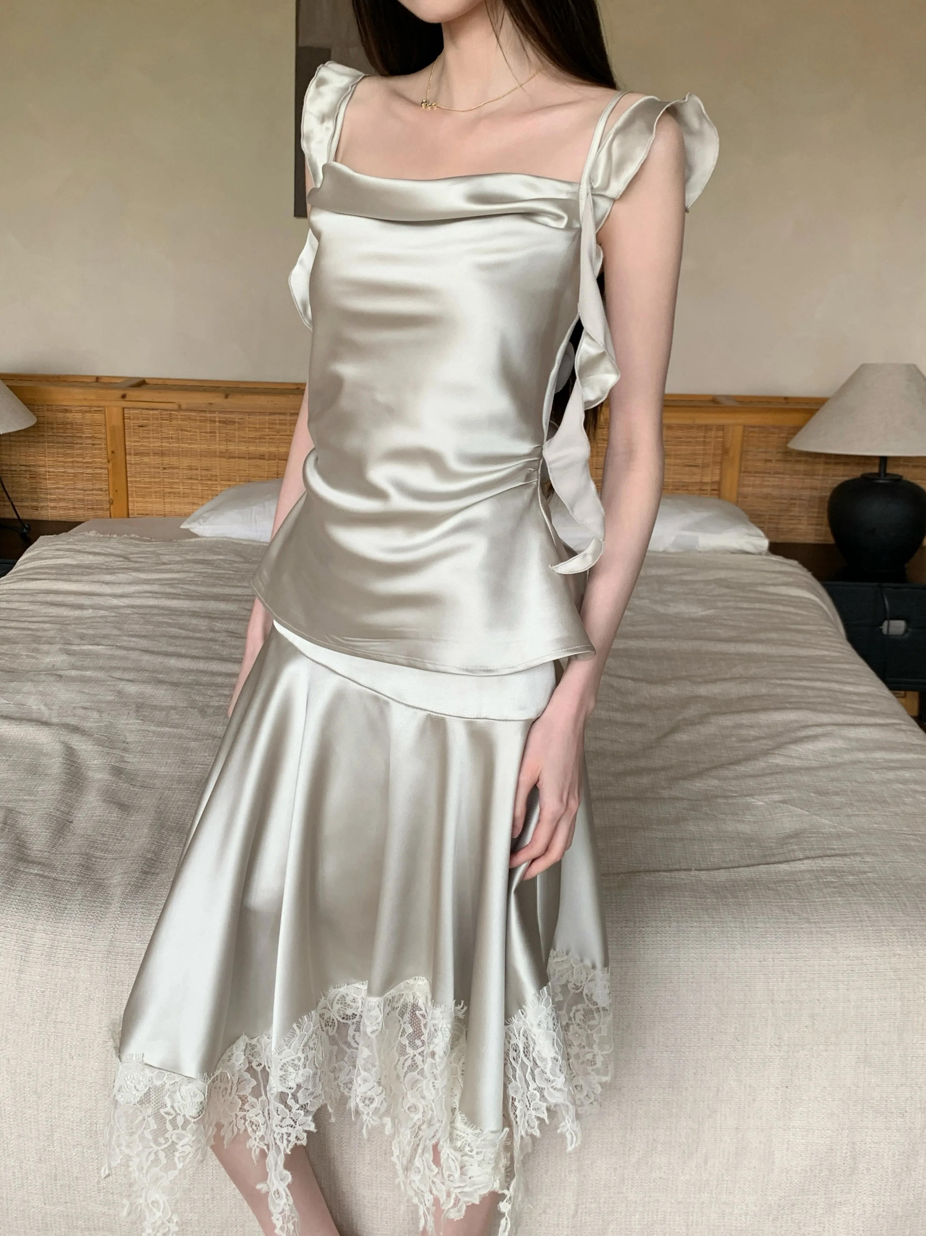 Women's Summer Elegat Two Pieces Satin Skirt Set Lady Ribbons Strap Slim Camisole Top + Asymmetrical Lace Hem Knee Length Skirt