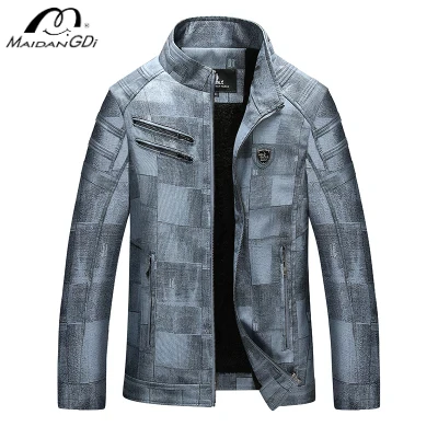 

MAIDANGDI Men's Motorcycle Leather Jacket with Warm Standing Collar and Checkered Top Made of Synthetic Leather PU Material