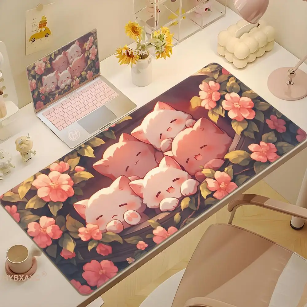 

Pink Floral Cat Desk Mat Adorable Sleeping Kittens in Flower Bed Kawaii Large Mouse Pad Cozy Desk