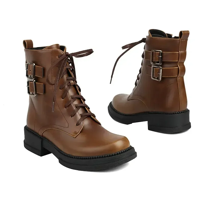 Ankle Boots Women Leisure Brown Black Color Round Toe Med Heels Casual Winter Lace-up Buckle Belt Designer Motorcycle Boots