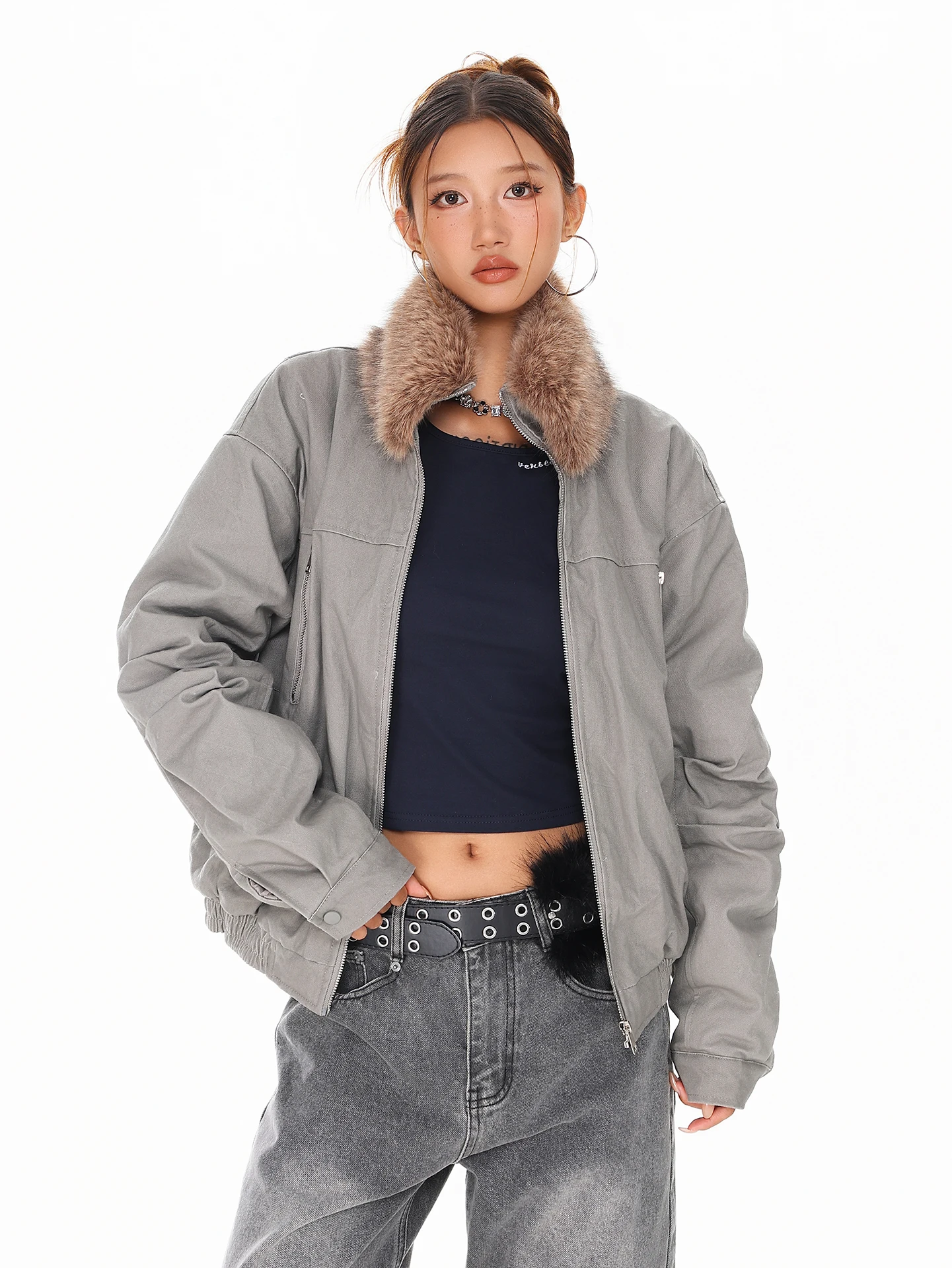 

Boeax American Retro Pure Color Design Women's Cotton Jaet Winter Warm Coat with Fur Collar Long Sve Zipper Closure