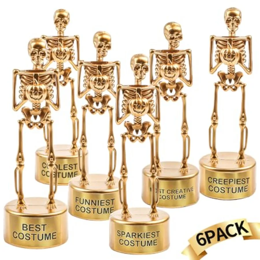 Halloween Best Costume Skeleton Trophy, 6 Pack Halloween Skull Costume Contest Awards Gold Bones Game Prize for Adult Halloween