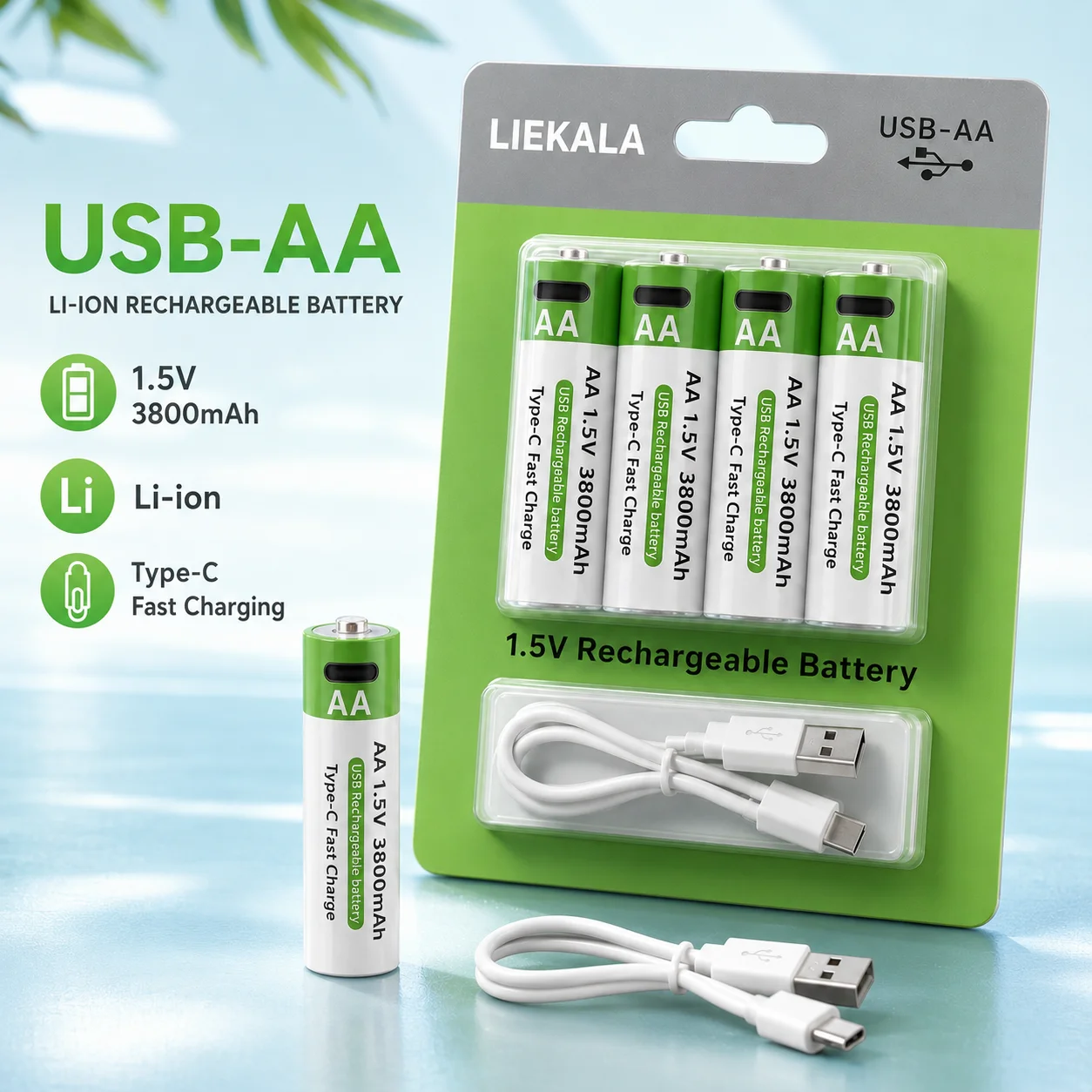 

1.5V AA Li-ion USB Rechargeable Batteries 3800mAh High Capacity 4Pcs Hanging Card Pack For Wireless Mouse Remote Control RC Toy