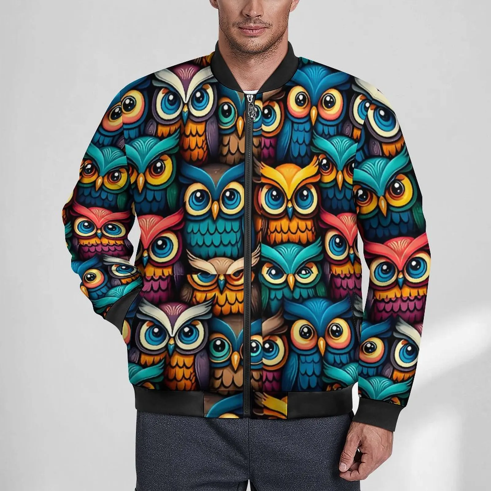 Colorful Bold Owl Jackets Man Cartoon Animal Autumn Coats Aesthetic Hooded Casual Windbreak Graphic Outdoor Jacket Big Size 6XL