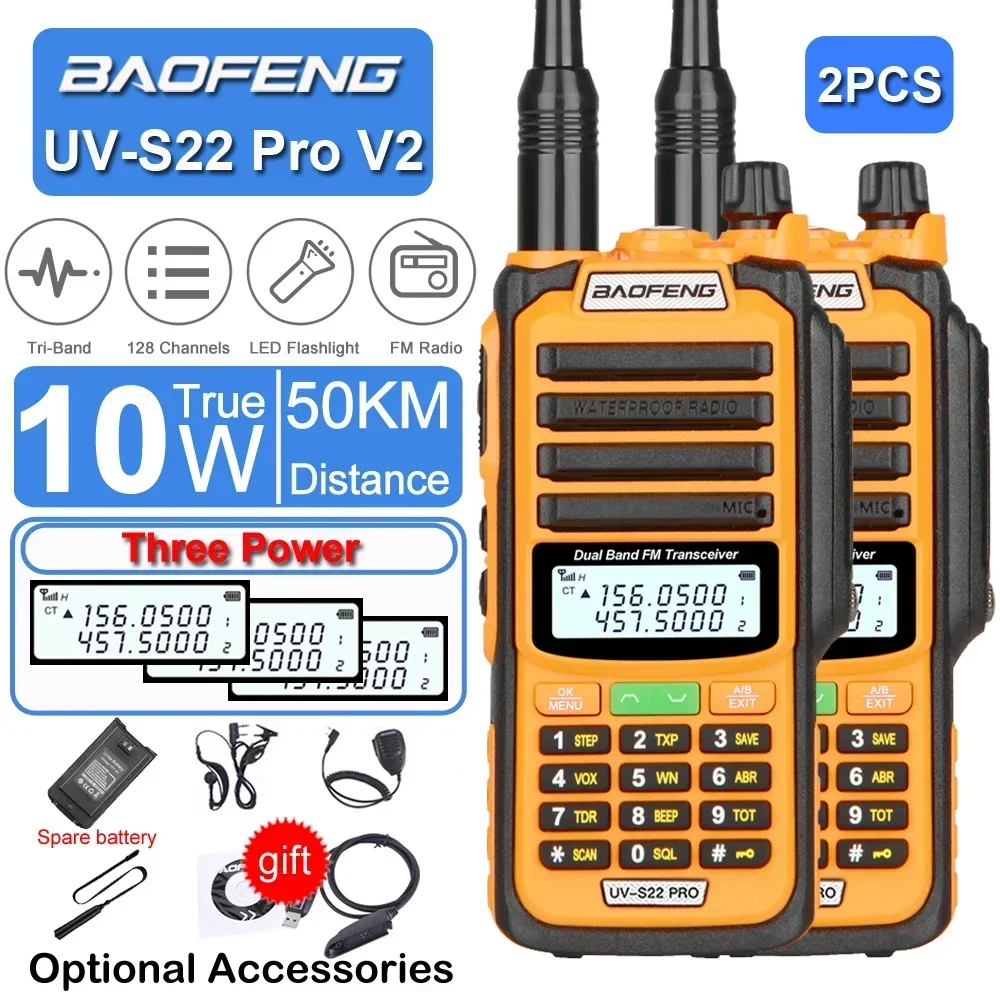 

2PCS Baofeng Tri Power 10W IP68 Waterproof Walkie Talkie Type-C Powered 50KM UHF VHF Programming Cable Long Range 128CH FM Radio