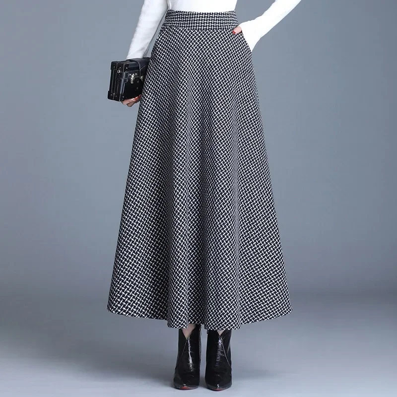Falda de lana de estilo coreano para mujer, elegante falda acampanada a cuadros con cintura elástica y bolsillos, otoño/invierno