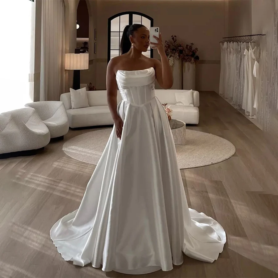 

Off-Shoulder Side Pocket A-Line Satin Wedding Dress Backless And Zipper With Buttons Custom Bridal Gowns