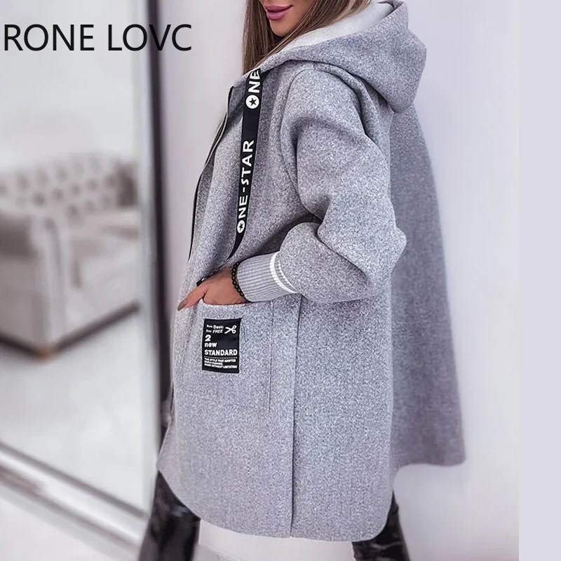 Women Hooded Letter Pattern Tape Pocket Long Sleeves Long Straight Casual Autumn Jacket Tops
