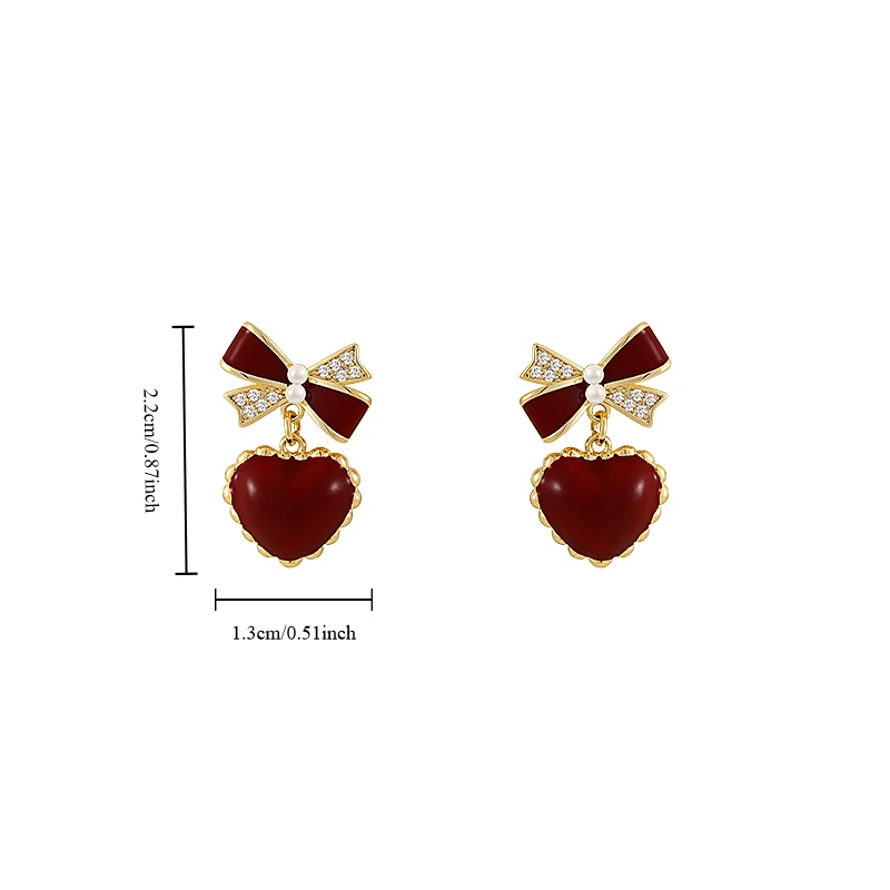 Fashion Style Temperament Wine Red Bow Knot Peach Heart Clip on Earrings No Piercing Exquisite Zircon Pearl Ear Clips Earrings