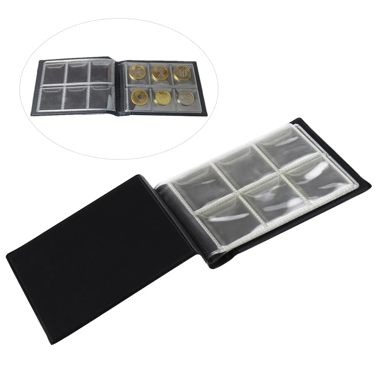 

60-Pocket Portable Coin Collection Album Book for Coins Caps Tokens Medallions Badges Black PU Cover Opp Pages 13.8x9.8cm