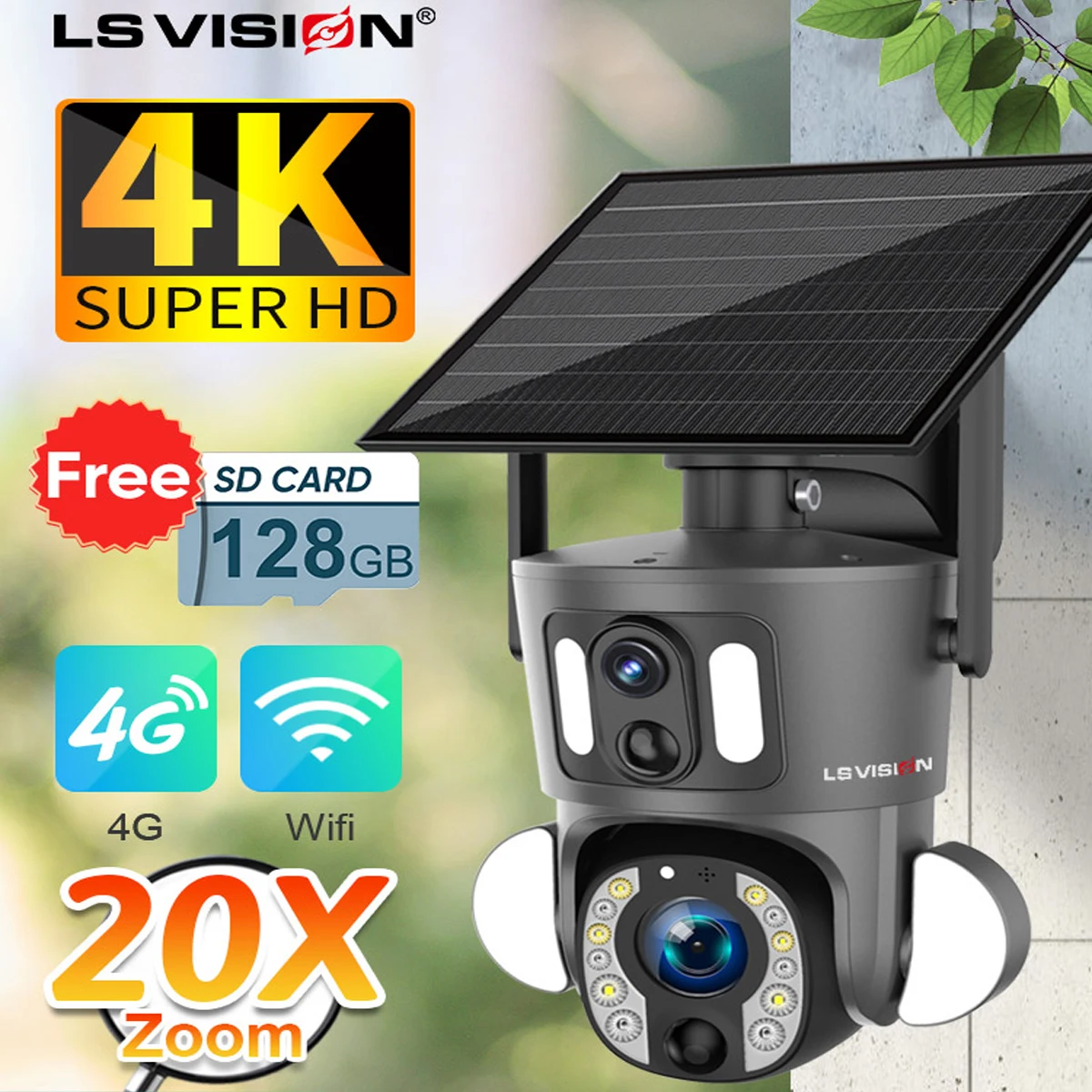 

LS VISION 4G Solar Security Camera Outdoor 20X Zoom Dual Screen 8MP WiFi PTZ Dual Lens PIR Detection Auto Tracking Camera UBOX