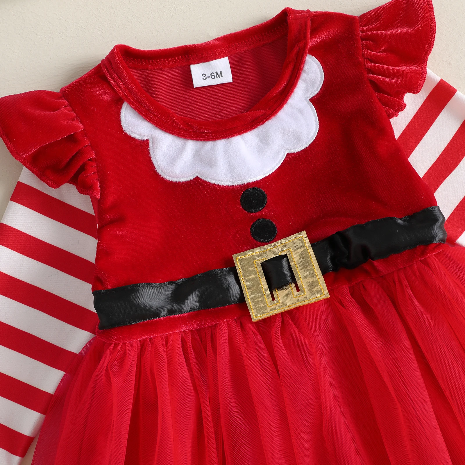 0-24M Baby Girl Christmas Dress Long Striped Sleeve Tulle Dress with Santa Hat Santa Cosplay Costume
