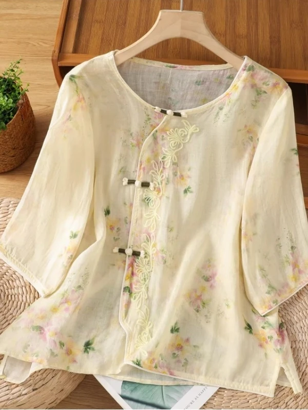 

New Chinese Ethnic Style Women's Top Cotton Linen Young Style Short Sleeve T-Shirt High End Linen Shirt Korean Version Loose Fit