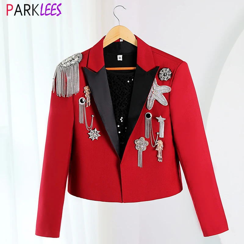 

Red Steampunk Military Drummer Punk Jacket Men Slim Fit Peak Collar Blazers Mens Party Prom Stage Rock and Roll Costume Homme