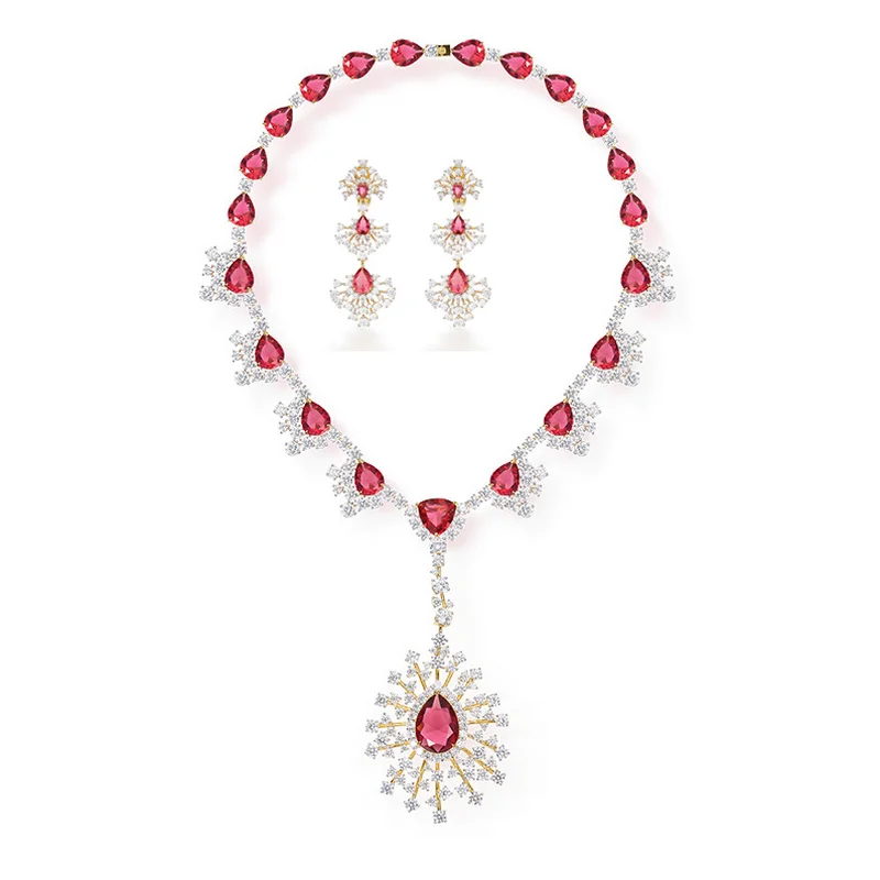 Designer Collection Style Earrings Necklace Women Lady Inlay Red Cubic Zircon Tassels Flower Pendant Party Jewelry Sets