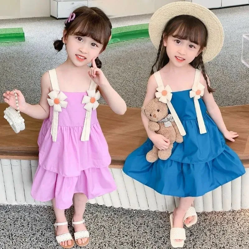 1-10 Year Old Girls Cute Flower Decoration Sling Dress Children Summer Fashion Princess Cotton Solid Color Casual New Clothing