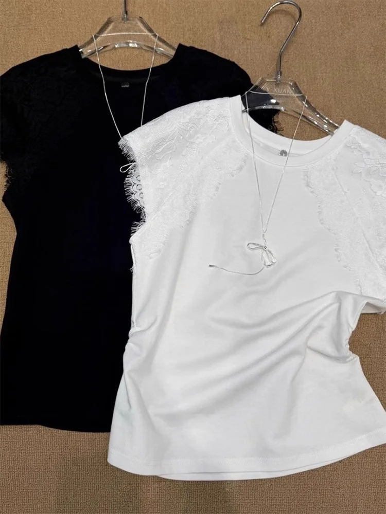 화이트 레이스 트림 스플라이스 라운드 넥 티셔츠 여성 여름 신상 유니크 디자인 감각 슬림 탑 한국 스타일...
