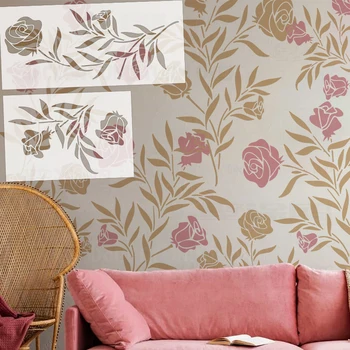 Sıva boyama için 40cm - 80cm Stencil duvar şablon mobilya üreticileri boya tuğla çiçek çiçeği gül yaprak şube S258
