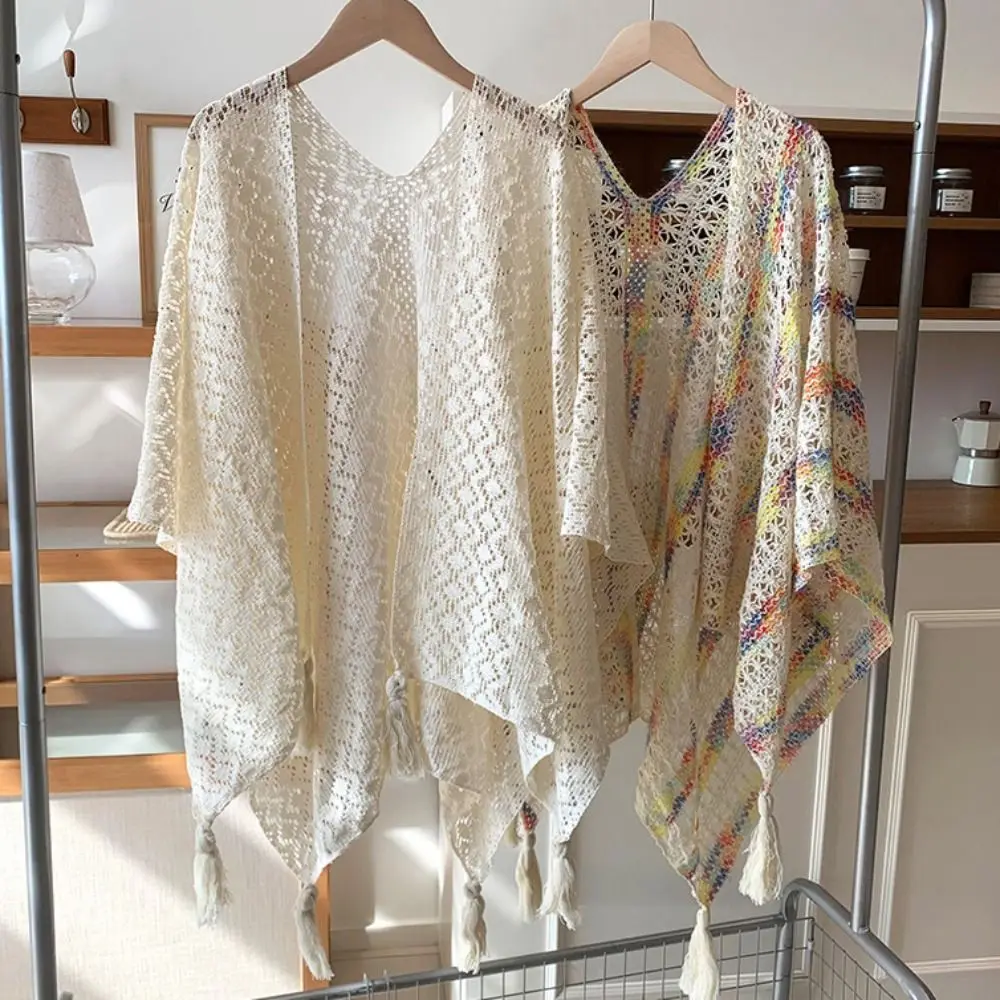 Fashion Elegant Ethnic Style Tassel Shawl Colorful Hollow Sunscreen Crochet Cardigan Retro Thin Beach Scarf Outdoor