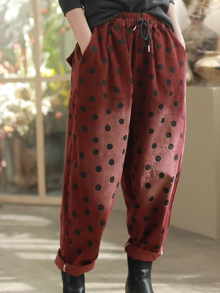 Amax LuluE 2026 Winter Damen Koreanische Mode Lose Gepunktete Warme Cordhose Damen Verdickte Freizeithose Vintage Klassische Haremshose – Detail 11