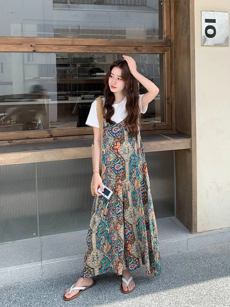 

Ретро-комбинезон в богемном стиле с пэчворк-принтом и широкими штанинами, женский, летний, новинка, повседневный, универсальный, модный