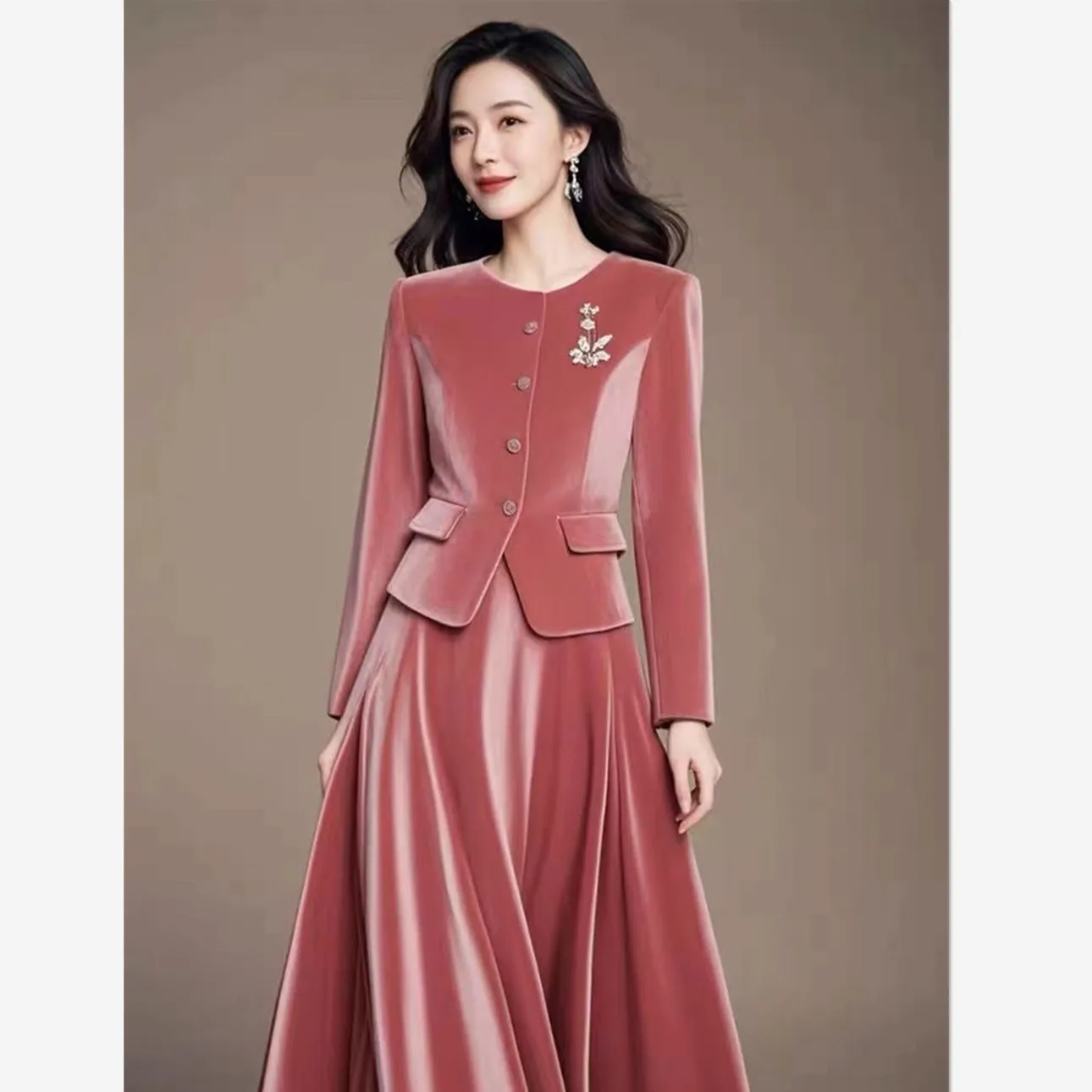 Women's Formal Velvet Suit Luxury Solid Color Office Lady Autumn Elegant Single Breasted Jacket + Midi Skirt Two Piece Set 589P