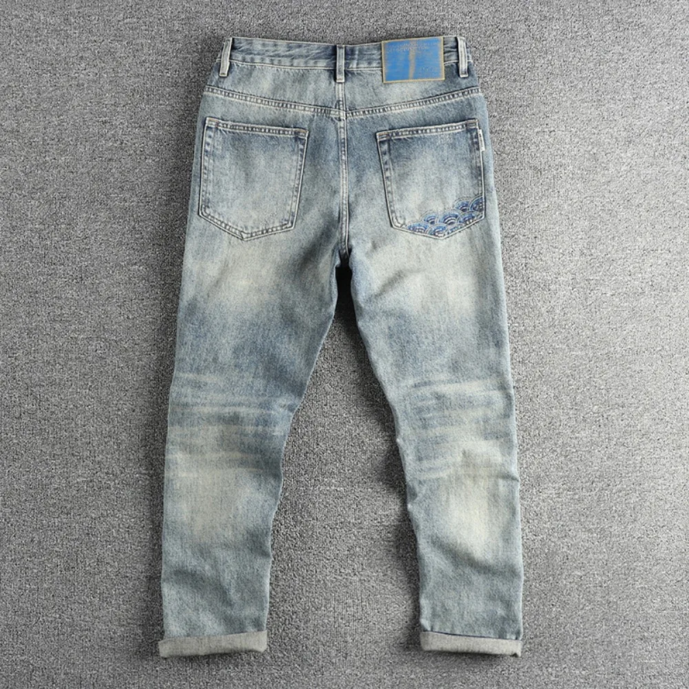 

Тяжелая мастерская в стиле ретро и старые джинсы с вышивкой для мужчин, всесезонные, повседневные модные прямые брюки.