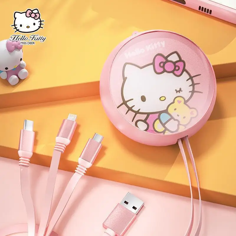 Sanrio Hello Kitty 3-in-1 Fast Charging Retractable Charger for Car, Suitable for Android and Apple Universal Data Cable