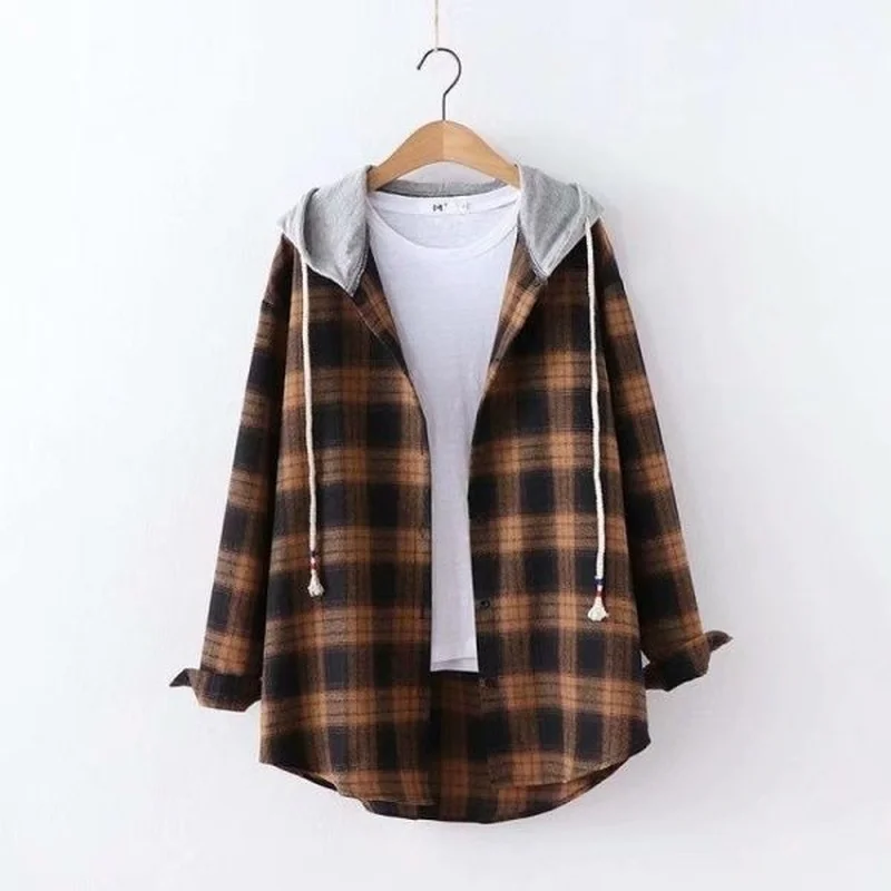 Blouse Women Shirt Plaid  Women's Loose Long Sleeve s Hooded Jacket Blusas Ropa De Mujer Harajuku Streetwear E191