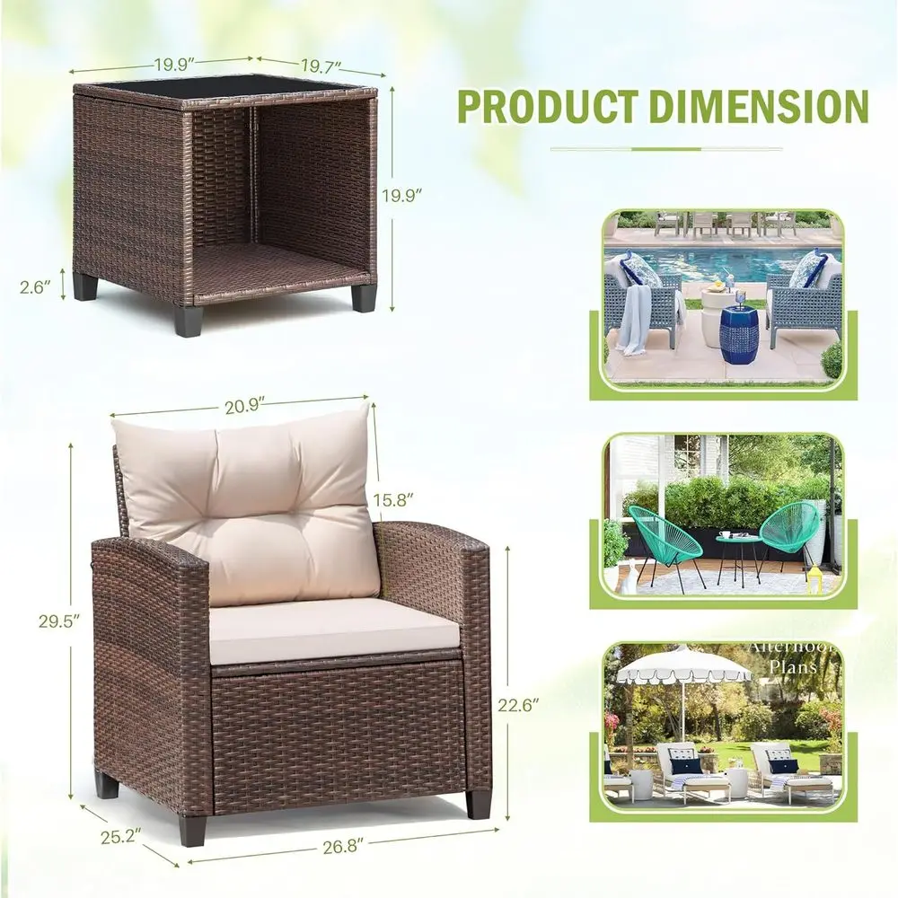 3-Piece Outdoor PE Rattan Furniture Set: Two Chairs and Table for Garden, Poolside, Balcony