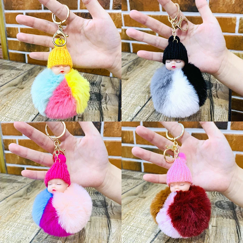 Pompom Slapende Pop Sleutelhanger Tricolor Pluizig Pluche Pop Hanger Vrouwen Meisje Tassen Sleutelhangers Auto Sleutel Decor Cadeau Charmant Decor