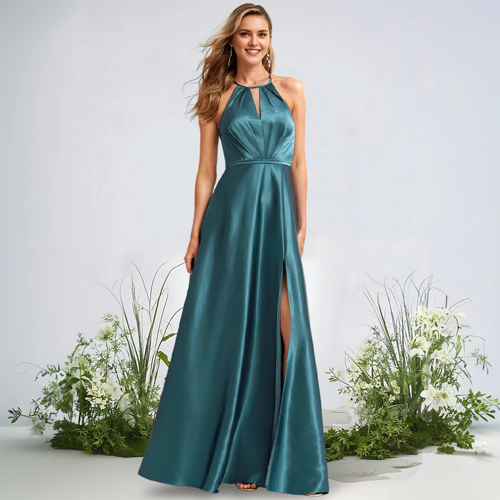 

A-Line Halter Bridesmaid Dresses Stretch Satin Floor-Length Keyhole Spaghetti Straps Boning Leg Slit Wedding Guest Party Dress