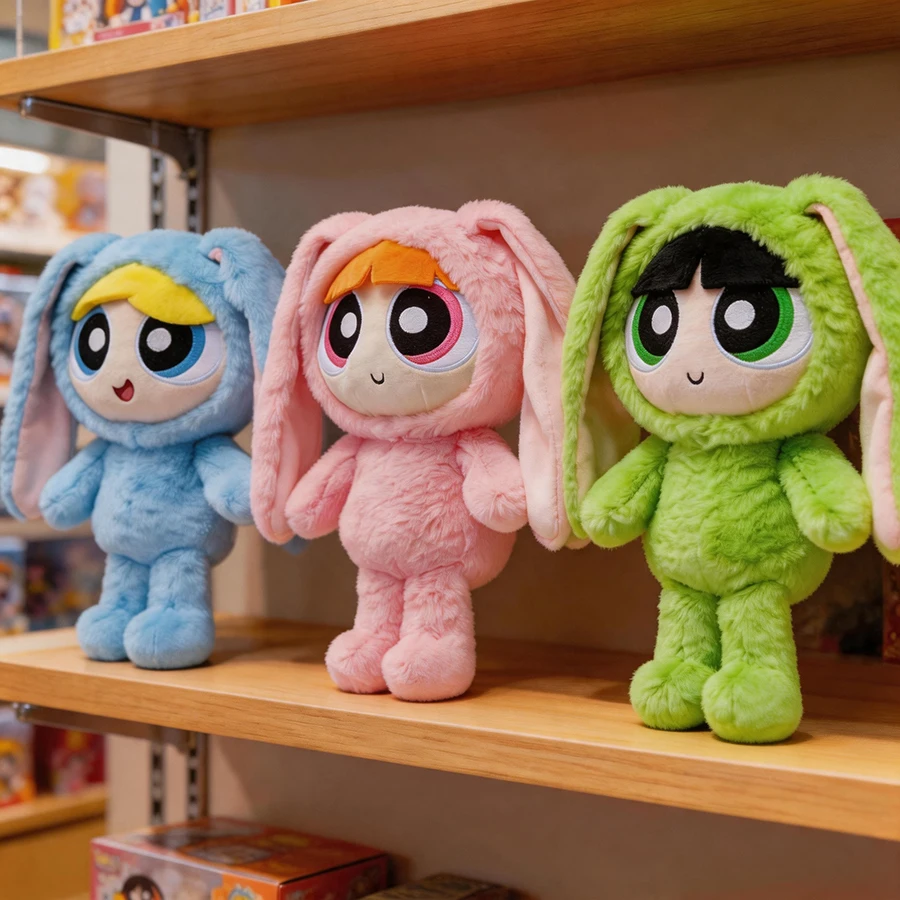 28cm Kawaii Powerpuff Girls Bunny Costume Plush, Blossom Bubbles Buttercup Soft Stuffed Animal Doll for Girls Fans Gift
