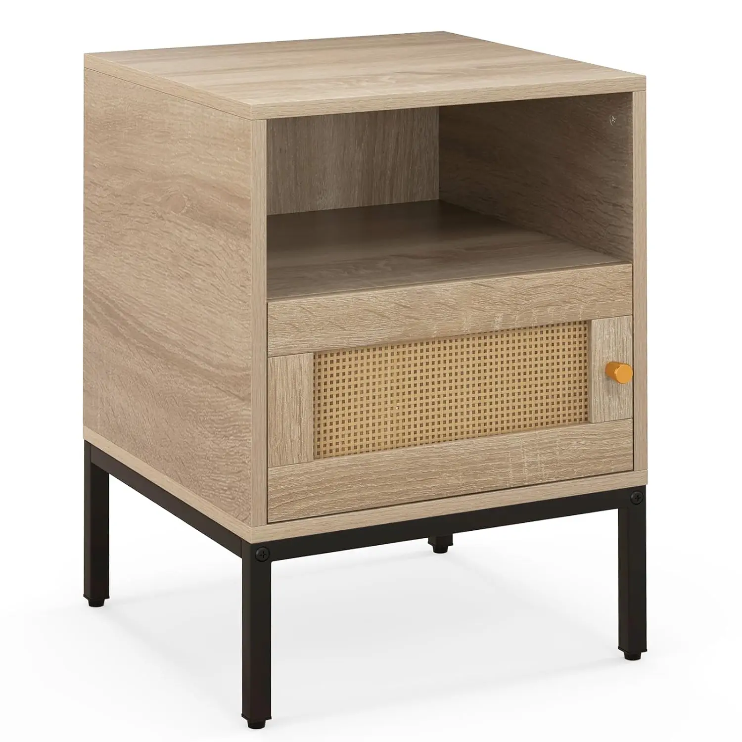 

Natural Wood Rattan Nightstand Open Storage Shelf Metal Legs Bedroom Dorm,Customized