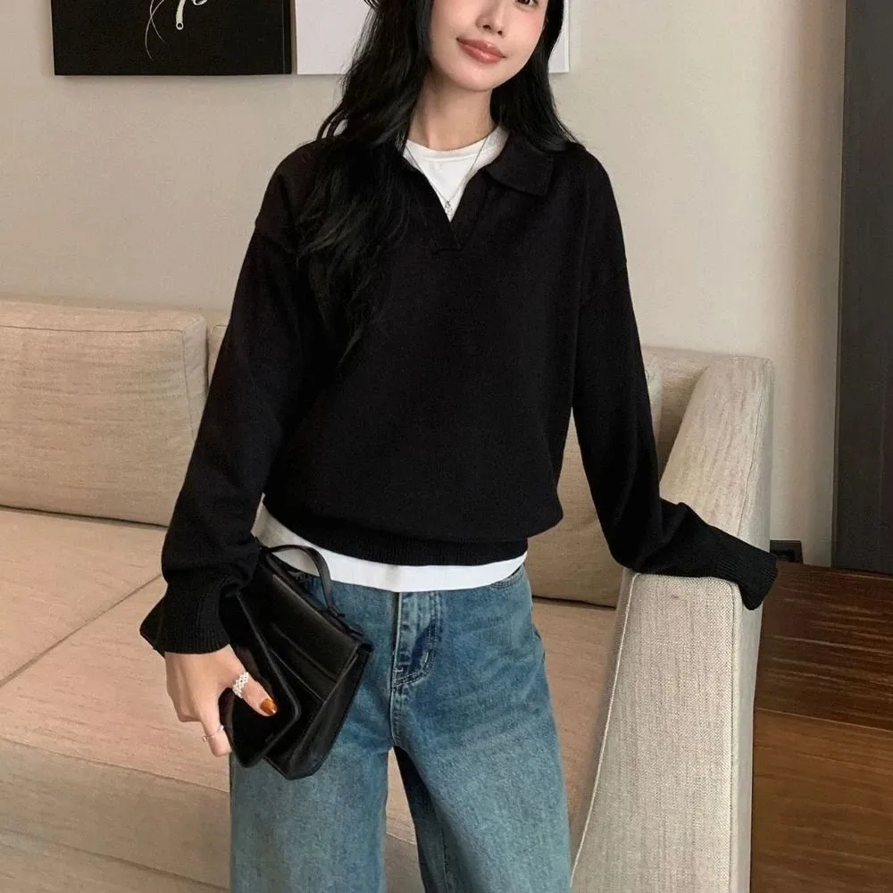 مريحة بلون الوجه طوق بالأزرار فضفاضة Ins طويلة الأكمام تريكو بسيط البلوز سترة معطف الإناث #4