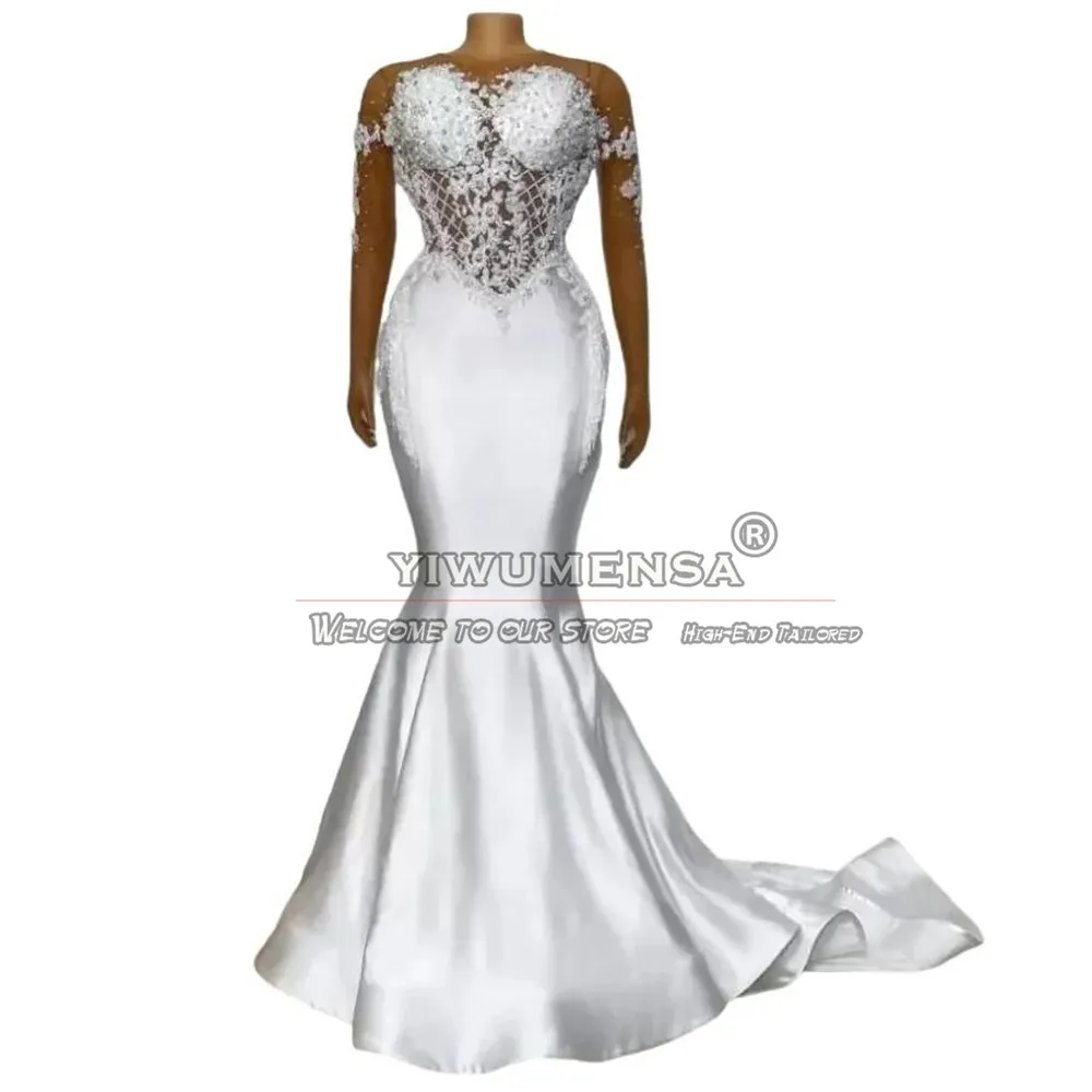 Exquisite White Satin Mermaid Wedding Dresses Bespoke Crystals Beaded Black Grils Dress Marriage Women Evening Party Gowns 2024