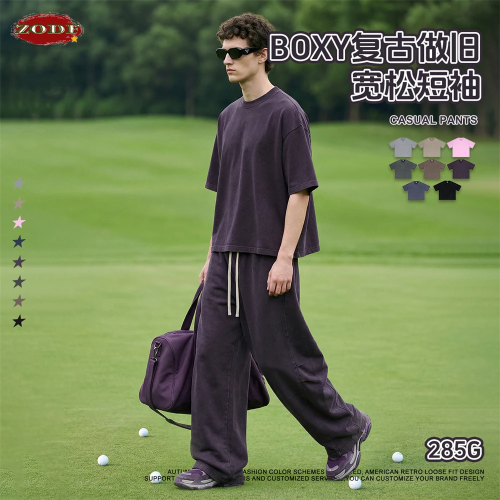 

ZODF Винтаж 2026 Мужские потертые футболки с боксфитом 285 г/м2, летние свободные хлопковые футболки унисекс, брендовые футболки HY1192