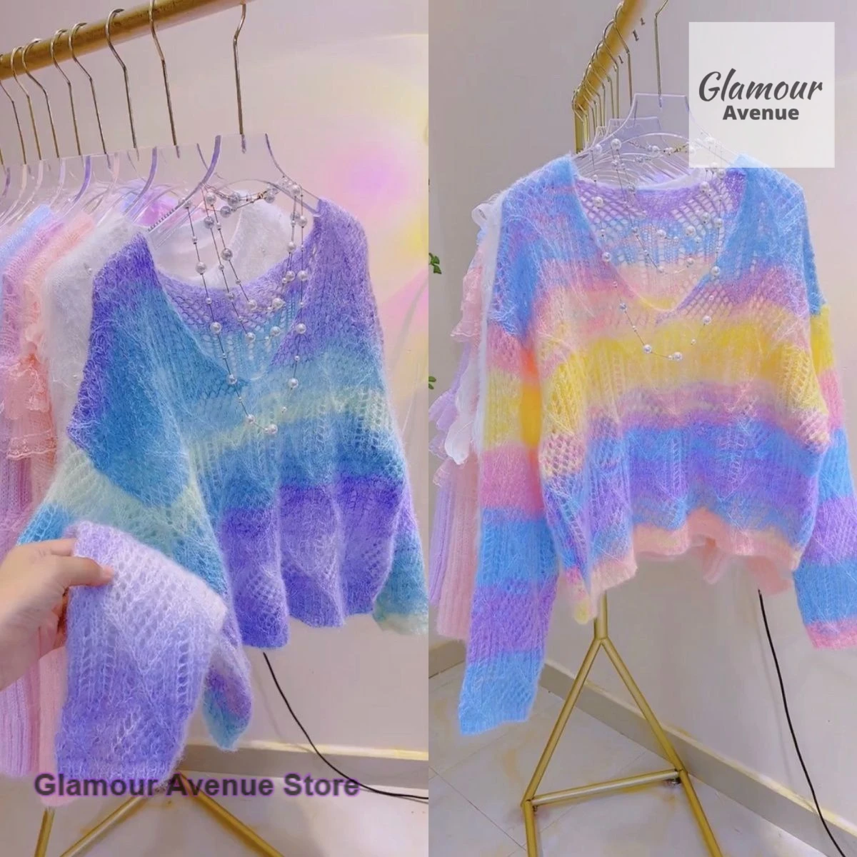 

French gradient constant color openwork stripe thin sweater women spring and autumn new crystal yarn Korean lazy wind sweater