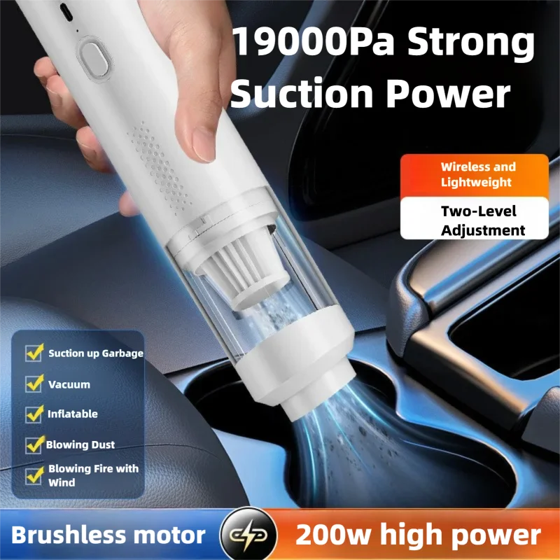 مكنسة كهربائية للسيارة لاسلكية 200 وات 19000Pa منفاخ محمول لتنظيف شعر الحيوانات الأليفة والمنزل والتنظيف التلقائي