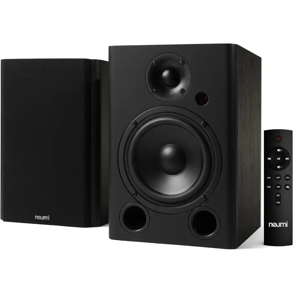 

NEUMI BS5P-ARC 75-Watt Powered Bookshel Speakers, Bluetooth, HDMI, USB, Optical, Coaxial, Remote Control, 5-Inch Wooer, 1-Inch T
