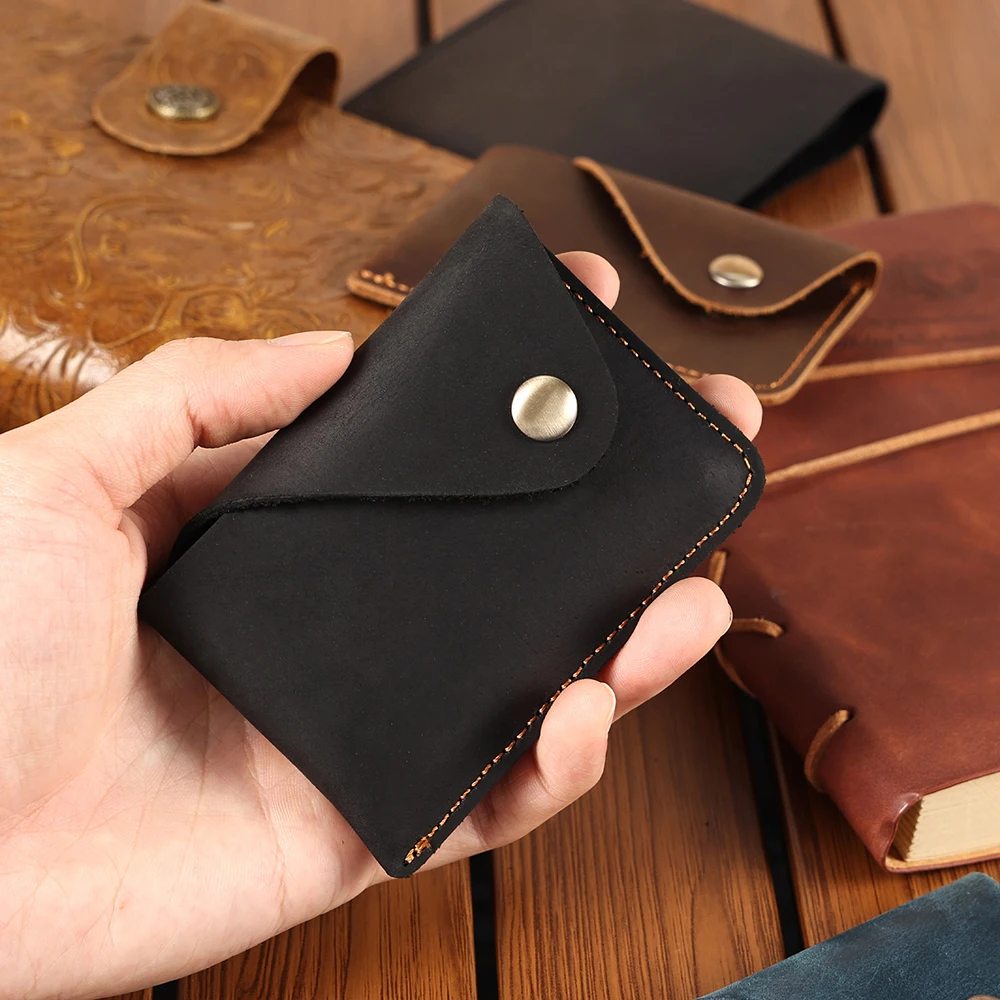 

New handmade minimalist cowhide card case with creative small and delicate snap closure zero wallet crazy horse retro card bag