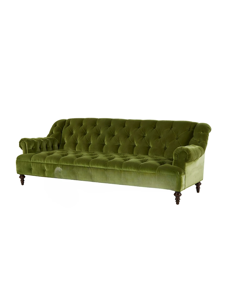 French retro olive green solid wood velvet sofa household three-person sofa American small apartment living room four people