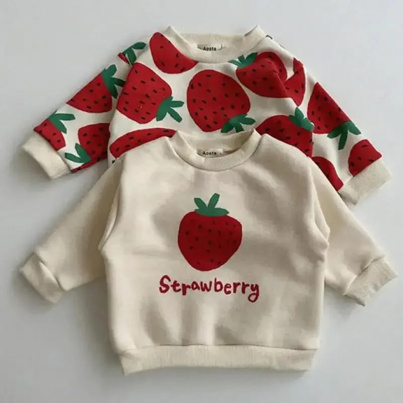 Autumn Winter Boy Girl Children Strawberries Long Sleeve Sweatshirt Kid Cotton Print Thick Warm Tops Baby Fashion Pullover Shirt