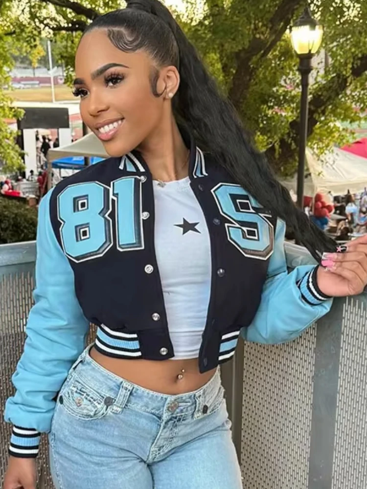 Nibber Sporty Jacket Woman Contrast Patchwork Baseball Autumn Trend Letter Print Single-Breasted Full Sleeve Casual Style Coats