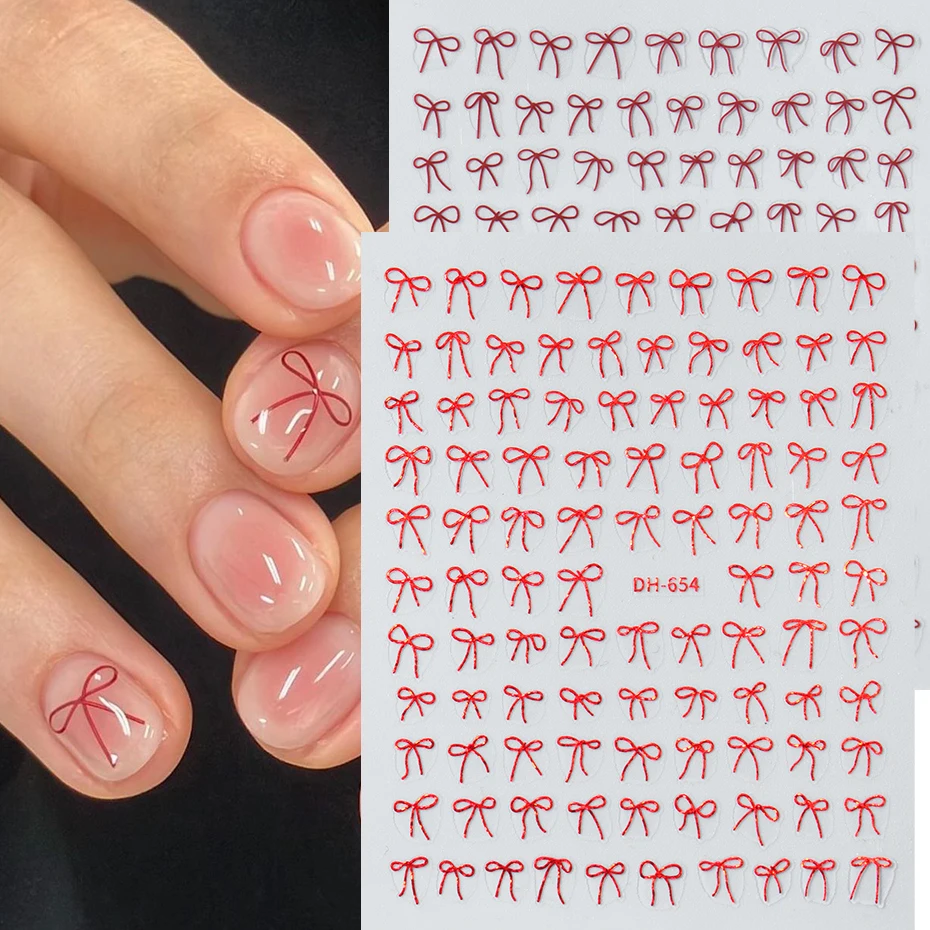 Valentinstag 3D-Schleifen-Nagelaufkleber, französische minimalistische rote Schleife, selbstklebende Abziehbilder für DIY-Nageldekorationen